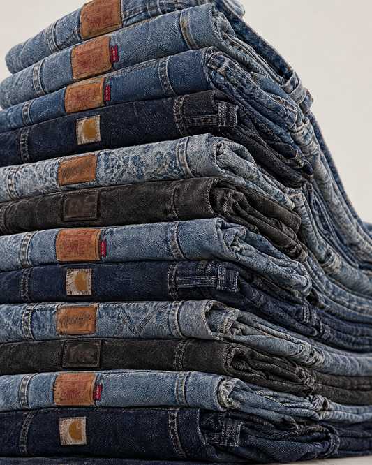 12-jeans-add-on-flat.png — JEANS VINTAGE · ADD-ON · esempi di capi del pool